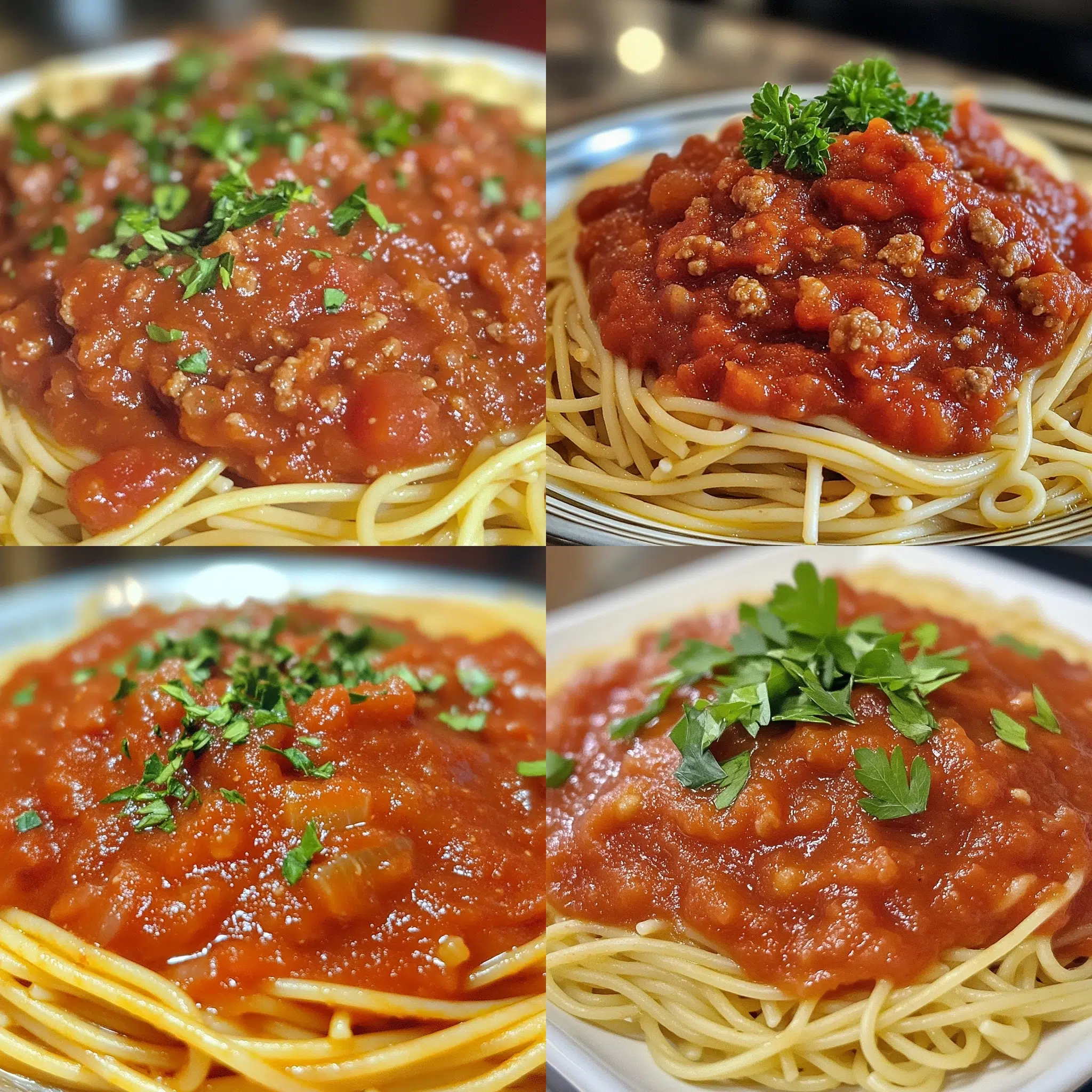 Homemade Canned Spaghetti Sauce plated with inviting texture and rich homemade color