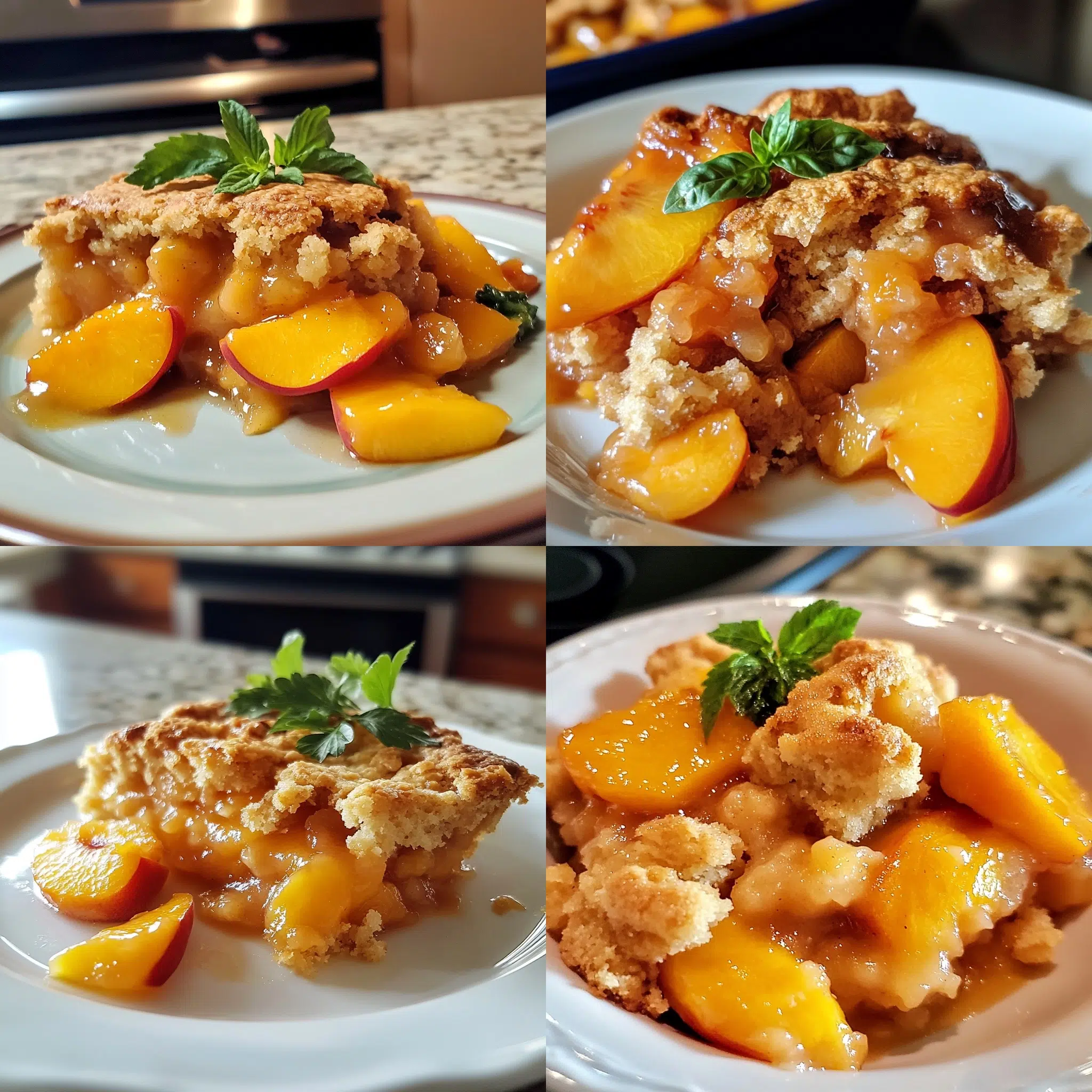 Homemade Peach Cobbler with Real Fresh Peaches plated with inviting texture and rich homemade color