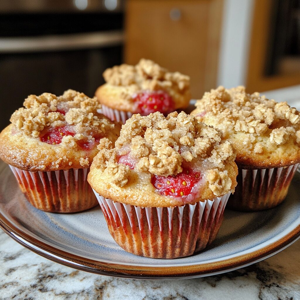 Irresistible Strawberry Muffins With Crumble Topping served fresh in natural light
