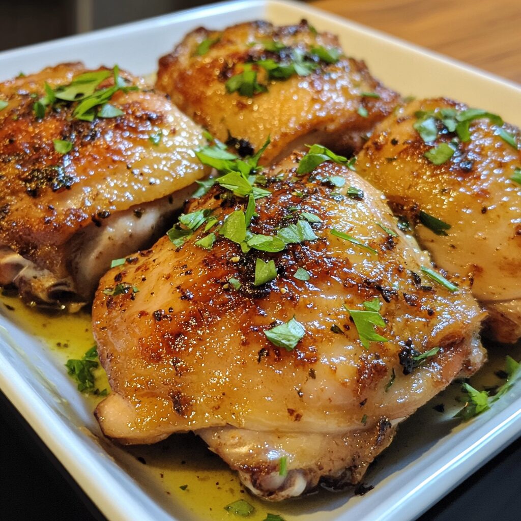 Oven Baked Chicken Thighs plated with inviting texture and rich homemade color