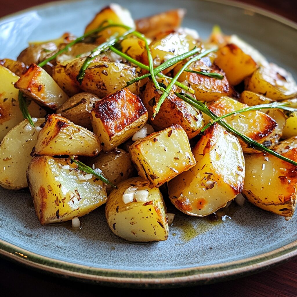 Roasted Potatoes with Garlic Scapes - served fresh in natural light