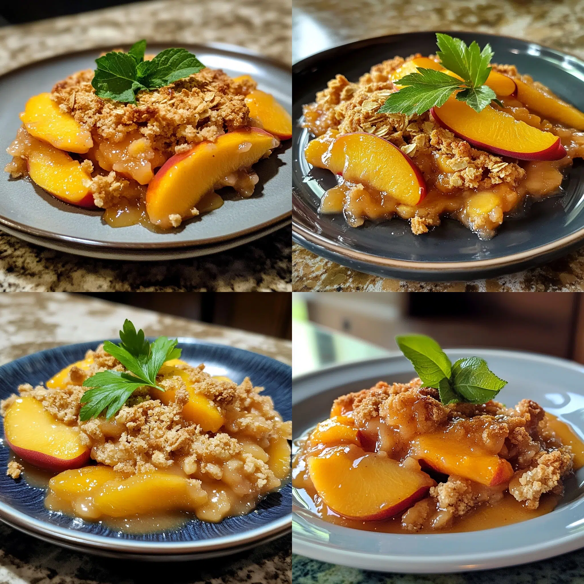 Single Serving Peach Crisp plated with inviting texture and rich homemade color
