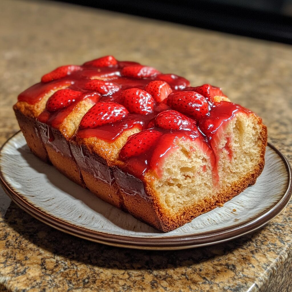 Strawberry Bread Loaf with Strawberry Glaze served fresh in natural light