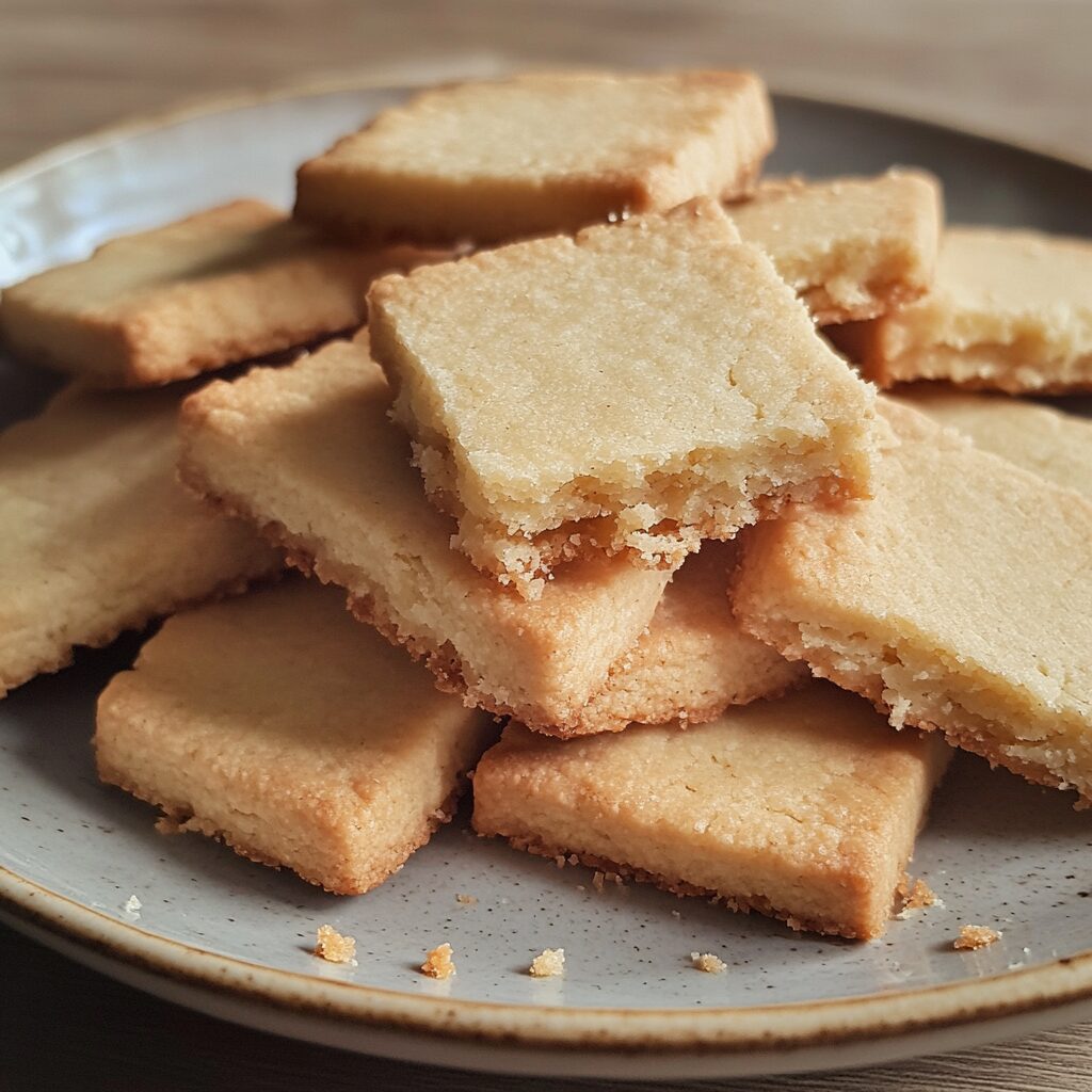Homemade melt-in-your-mouth shortbread cookies on a ceramic plate