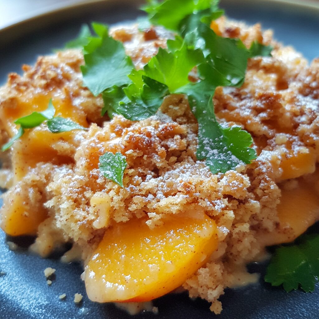 the Ultimate Healthy Peach Crumble plated with inviting texture and rich homemade color