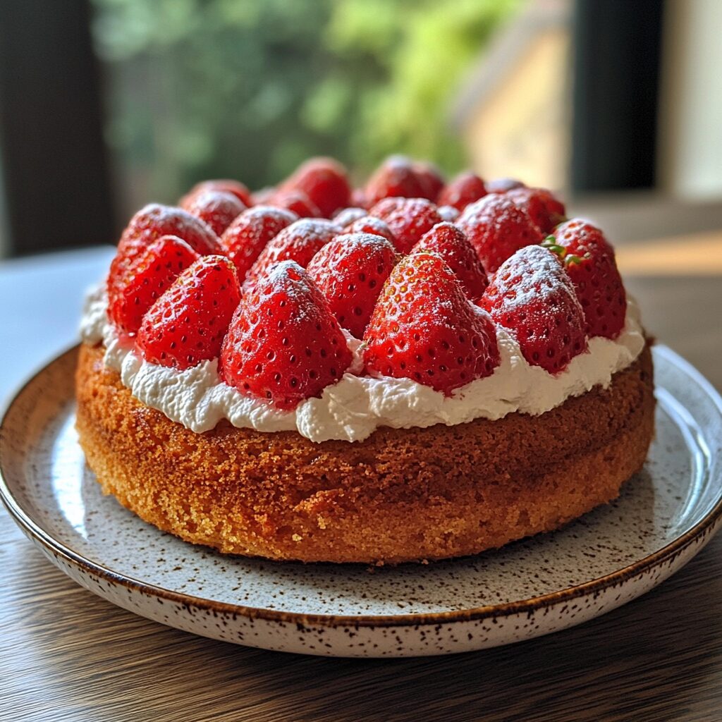 The Best Strawberry Cake Ever served fresh in natural light